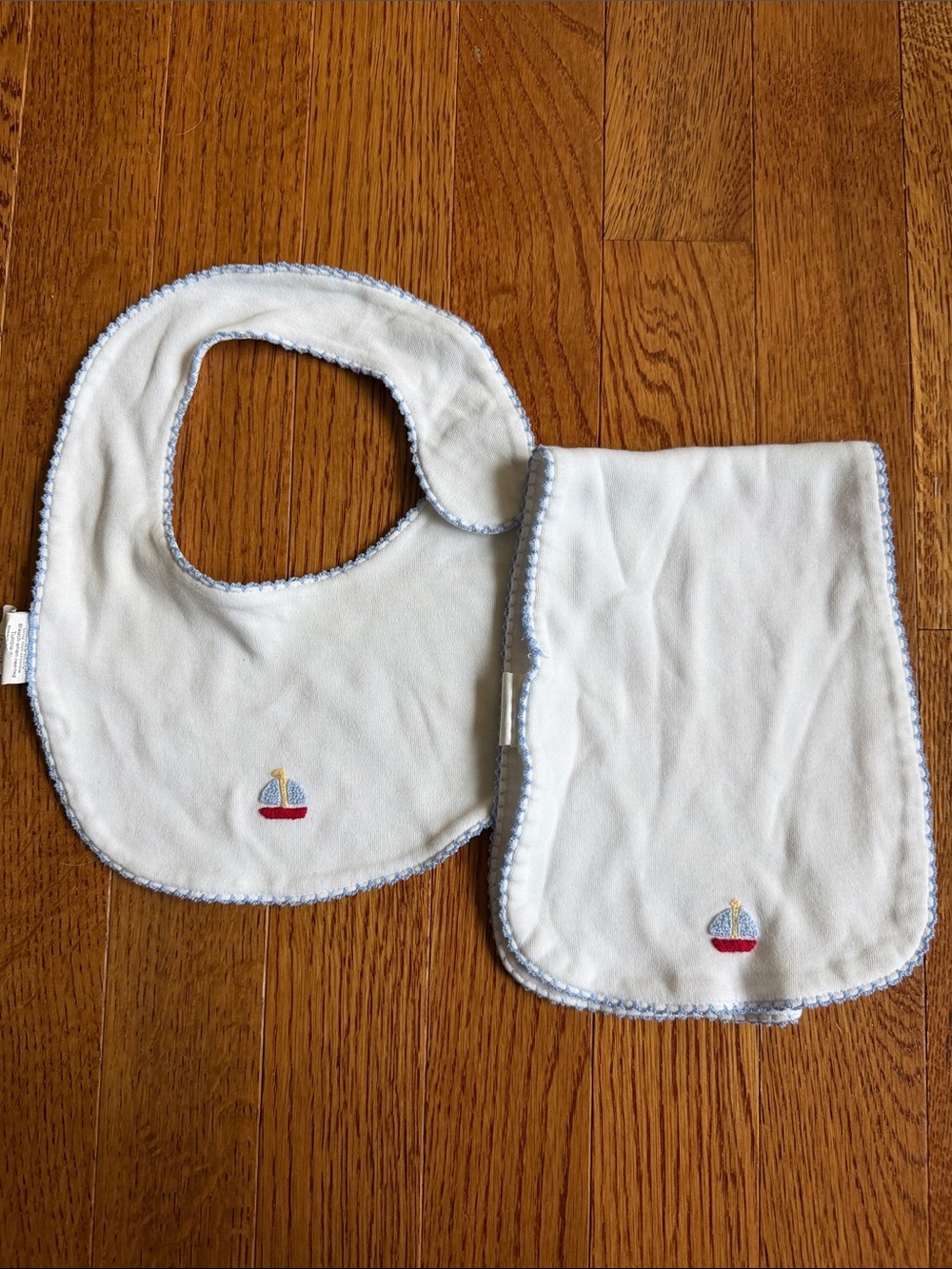 Little English Classic White Baby Bib and Burp Cloth Set with Light Blue Trim